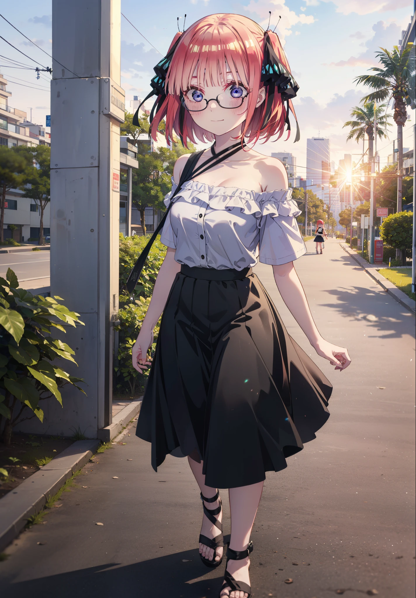 I was silent, Nakano Nino, Short Hair, bangs, blue eyes, hair ornaments, Hair Ribbon, Pink Hair, blunt bangs, Both sides up, butterfly hair ornaments,Black-rimmed glasses,blush,smile,One-shoulder shirt,Short sleeve,Long skirt,Cute heeled sandals,Walking,morning陽,morning,The sun is rising,Palm tree,whole bodyがイラストに入るように,
break outdoors, tropical,海岸通り
break looking at viewer,whole body,
break (masterpiece:1.2), Highest quality, High resolution, unity 8k wallpaper, (figure:0.8), (Beautiful attention to detail:1.6), Highly detailed face, Perfect lighting, Highly detailed CG, (Perfect hands, Perfect Anatomy),