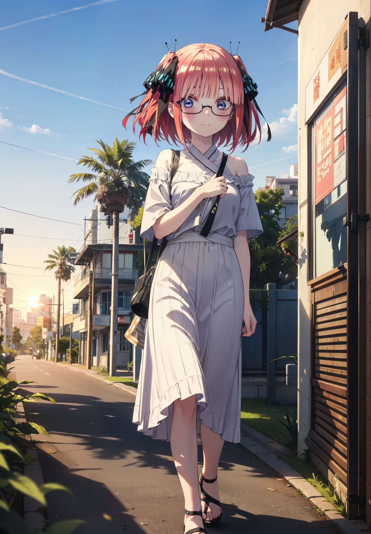 I was silent, Nakano Nino, Short Hair, bangs, blue eyes, hair ornaments, Hair Ribbon, Pink Hair, blunt bangs, Both sides up, butterfly hair ornaments,Black-rimmed glasses,blush,smile,One-shoulder shirt,Short sleeve,Long skirt,Cute heeled sandals,Walking,morning陽,morning,The sun is rising,Palm tree,whole bodyがイラストに入るように,
break outdoors, tropical,海岸通り
break looking at viewer,whole body,
break (masterpiece:1.2), Highest quality, High resolution, unity 8k wallpaper, (figure:0.8), (Beautiful attention to detail:1.6), Highly detailed face, Perfect lighting, Highly detailed CG, (Perfect hands, Perfect Anatomy),