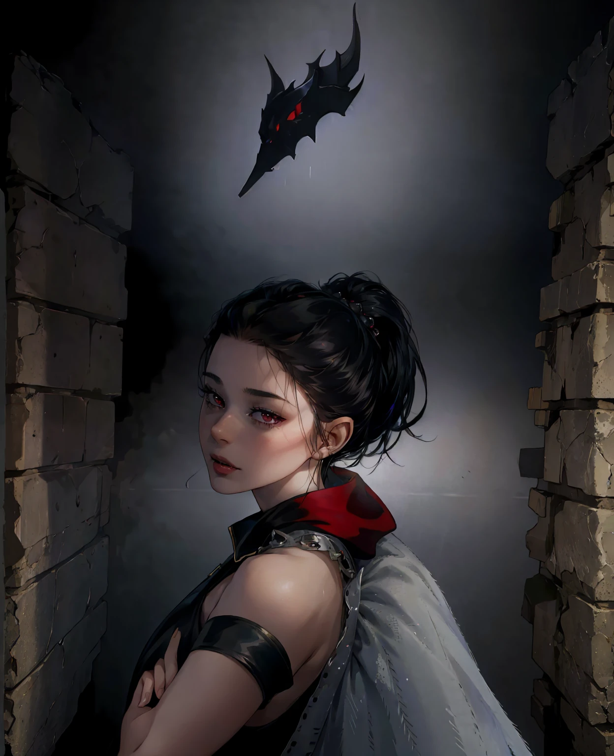 a devilish woman with black hair,pale skin,red eyes,wearing an elf-like costume,in a dark mysterious setting,(best quality,4k,8k,highres,masterpiece:1.2),ultra-detailed,(realistic,photorealistic,photo-realistic:1.37),dark fantasy portrait,dramatic lighting,moody atmosphere,cinematic,dramatic shadows,intense colors,chiaroscuro,sinister,ominous