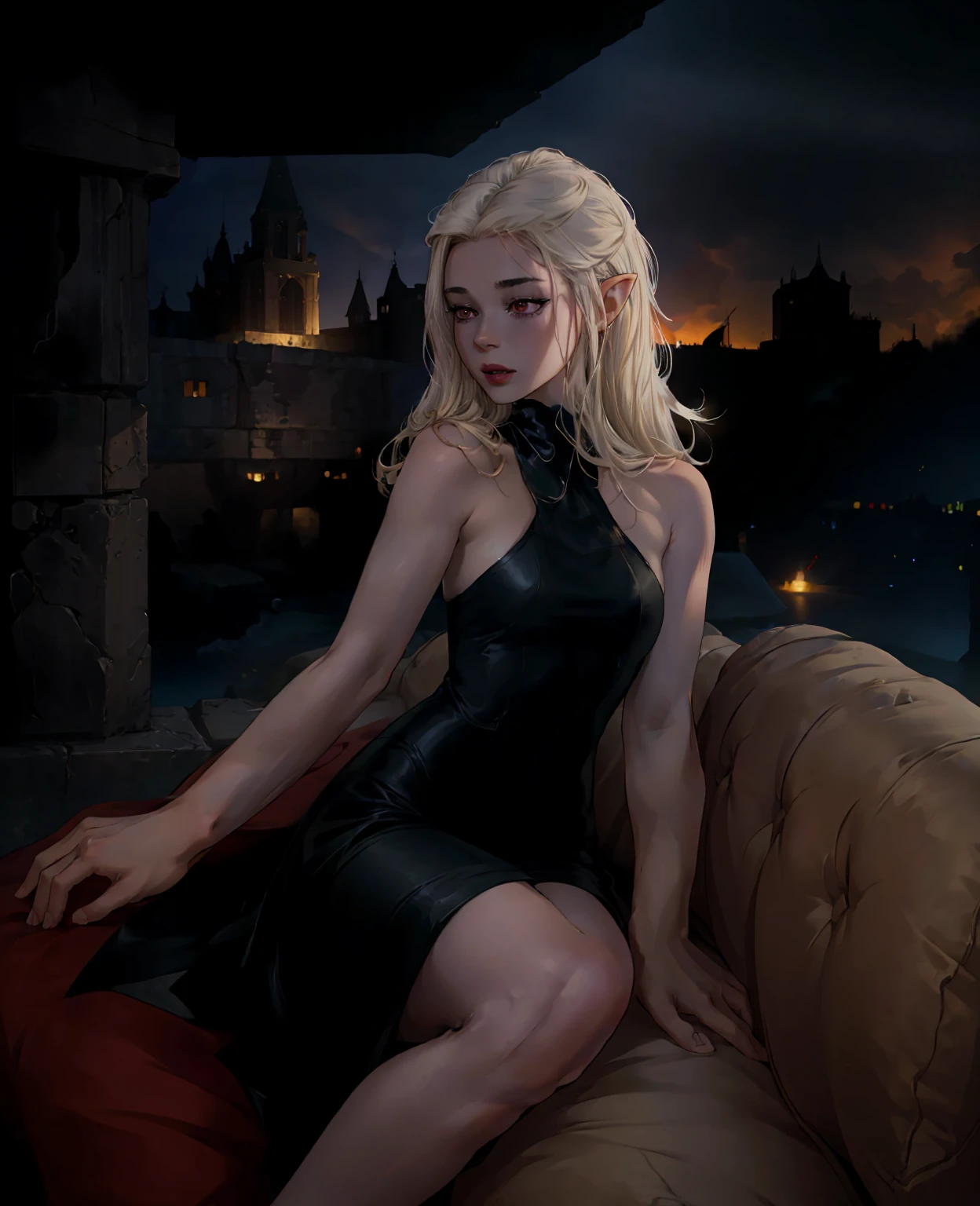 a devilish woman with black hair,pale skin,red eyes,wearing an elf-like costume,in a dark mysterious setting,(best quality,4k,8k,highres,masterpiece:1.2),ultra-detailed,(realistic,photorealistic,photo-realistic:1.37),dark fantasy portrait,dramatic lighting,moody atmosphere,cinematic,dramatic shadows,intense colors,chiaroscuro,sinister,ominous