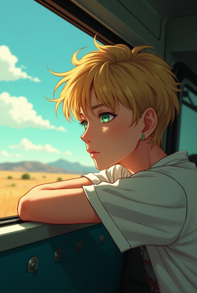 17 year old boy with golden hair, light sea green eyes white skin , Lean, with earrings in the ears. With my elbow leaning on the window of a van looking out