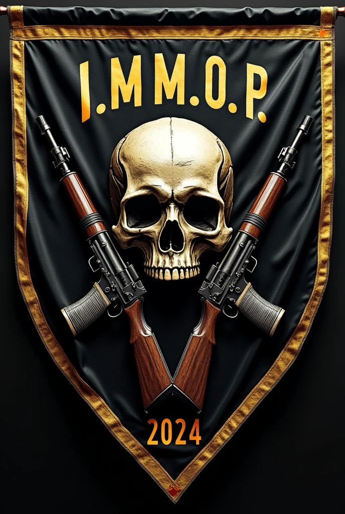 Make a triangular flag horizontally, Let the background be black and its edges golden, and in the center there is a skull and some crossed rifles and on the top it says I.m.m.O.p. and at the bottom say 2024 .