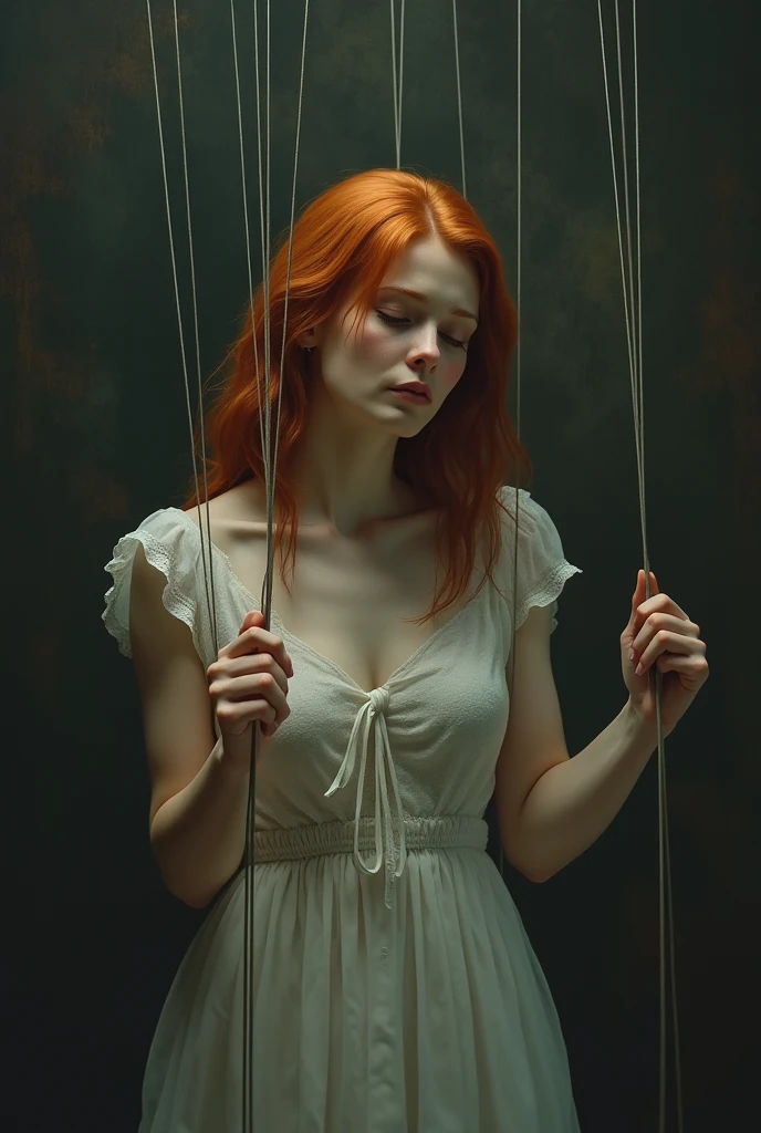 man tightening rope noose around emo woman neck, red hair, white latex pvc bodysuit, 16-year-old woman, man putting rope around woman's neck, womanserious expression, woman empty expression, wide-eyed, scared, execution by hanging, gallows