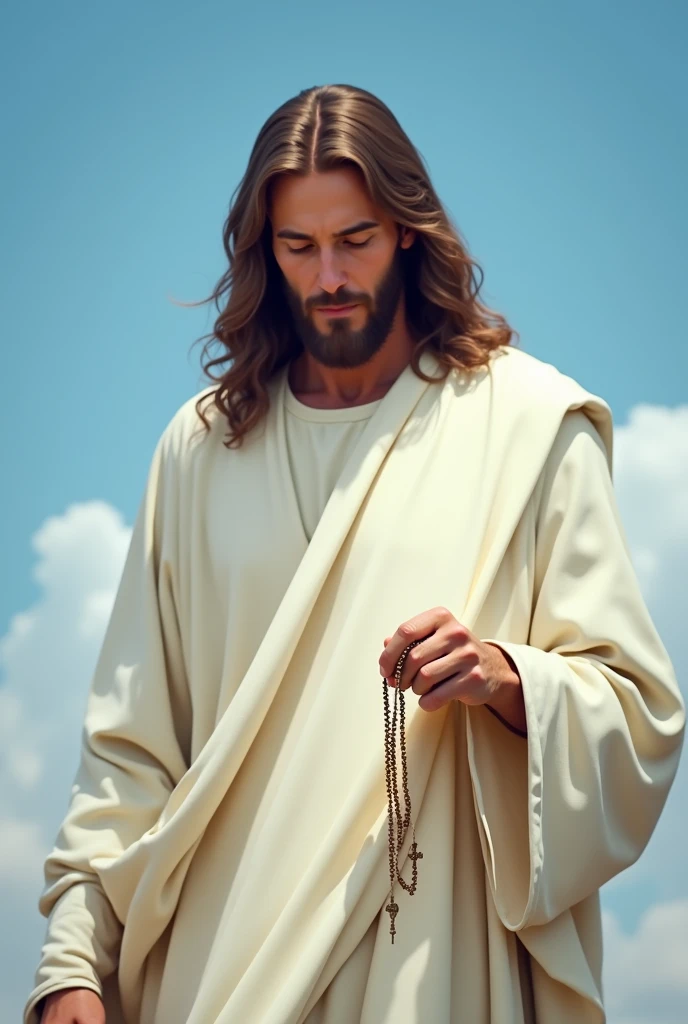 Jesus in a white robe holding a rosary in his right hand and in the background of him is a blue sky