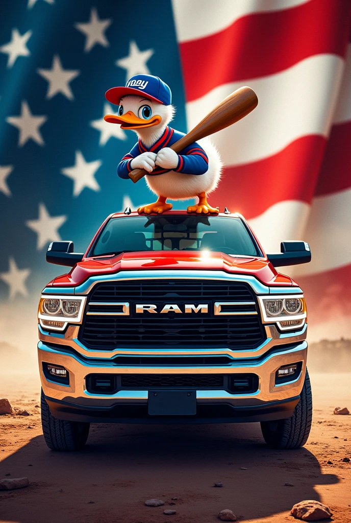 Create shirt with the USA flag in the background in a front make ram truck duck on truck with baseball bat