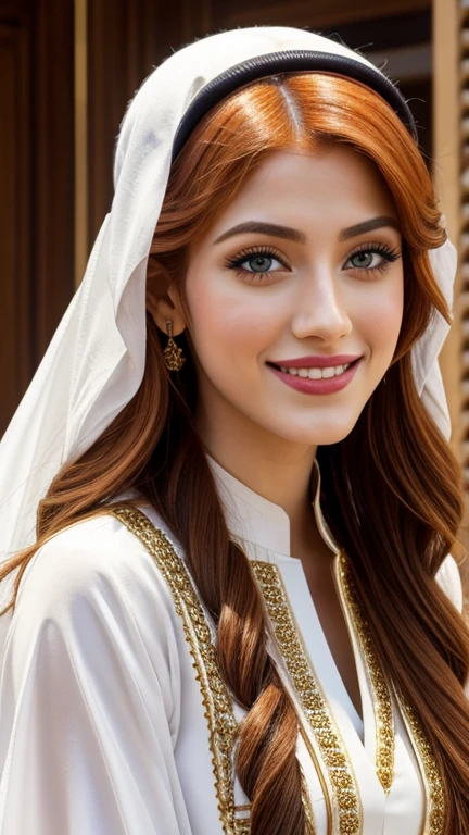 Katherine McNamara wearing traditional Kuwaiti clothes wearing lipstick and smiling