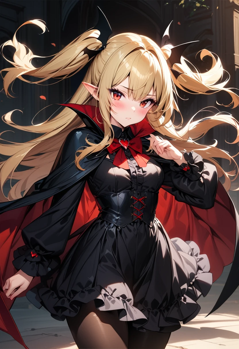 (masterpiece),(best quality),(ultra-detailed),(best illustration),(best shadow),(absurdres),(detailed background),(very aesthetic), 1girl, solo, blonde-hair, red-eyes, pointy-ears, looking-at-viewer, long-hair, pantyhose, vampire, dress, two-side-up, black-pantyhose, hair-ornament, black-dress, cape, bat-hair-ornament, standing, long-sleeves, blush, thick thighs, frills, black-cape, closed-mouth, short-dress, floating-hair,