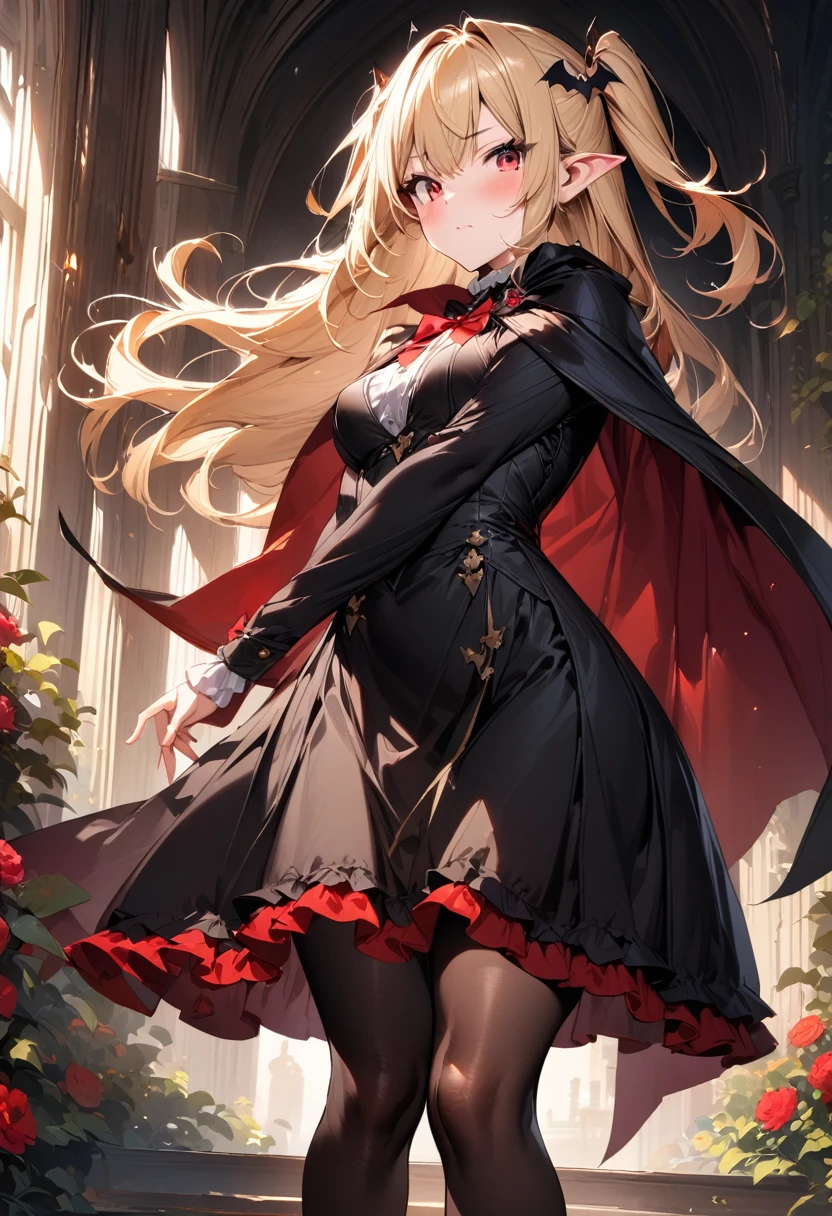 (masterpiece),(best quality),(ultra-detailed),(best illustration),(best shadow),(absurdres),(detailed background),(very aesthetic), 1girl, solo, blonde-hair, red-eyes, pointy-ears, looking-at-viewer, long-hair, pantyhose, vampire, dress, two-side-up, black-pantyhose, hair-ornament, black-dress, cape, bat-hair-ornament, standing, long-sleeves, blush, thick thighs, frills, black-cape, closed-mouth, short-dress, floating-hair,
