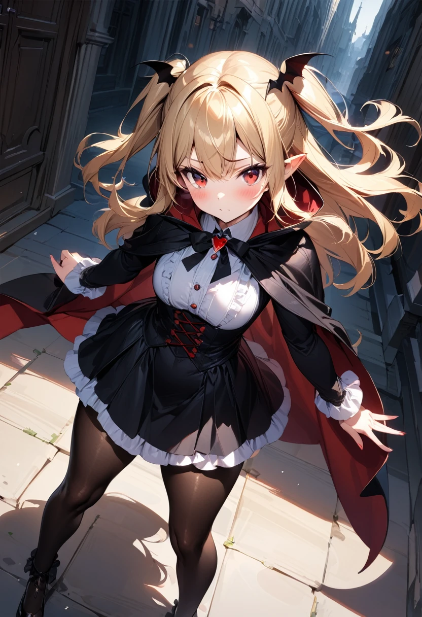 (masterpiece),(best quality),(ultra-detailed),(best illustration),(best shadow),(absurdres),(detailed background),(very aesthetic), 1girl, solo, blonde-hair, red-eyes, pointy-ears, looking-at-viewer, long-hair, pantyhose, vampire, dress, two-side-up, black-pantyhose, hair-ornament, black-dress, cape, bat-hair-ornament, standing, long-sleeves, blush, thick thighs, frills, black-cape, closed-mouth, short-dress, floating-hair,
