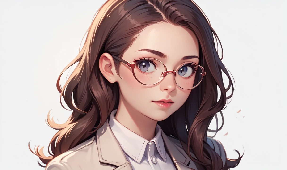 score_9, score_8_up, score_7_up, score_6_up, source_cartoon, rating_safe, realism, renpychargen, 1grl, woman, face and torso focus, portrait, beautiful brunette, long hair, wearing doctor's coat and glasses, simple white background