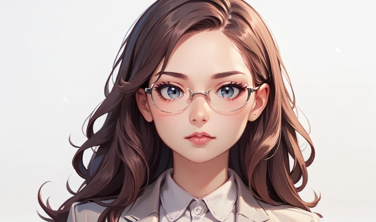 score_9, score_8_up, score_7_up, score_6_up, source_cartoon, rating_safe, realism, renpychargen, 1grl, woman, face and torso focus, portrait, beautiful brunette, long hair, wearing doctor's coat and glasses, simple white background