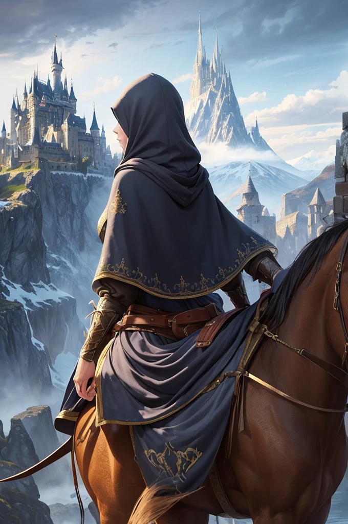 Draw an illustration of a woman from behind , with a hood that covers your face. No fundo, illustrate a fantasy kingdom with a large castle, surrounded by mountains and a dramatic sky. The illustration style should be non-realistic, with fantasy touches and artistic details.
