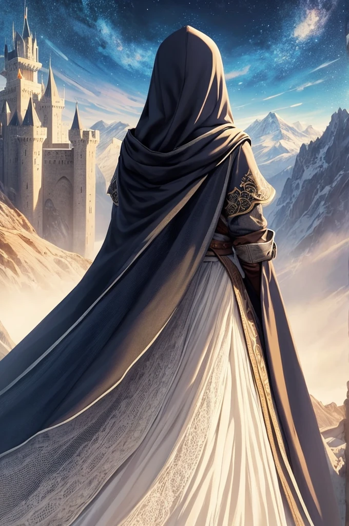 Draw an illustration of a woman from behind , with a hood that covers your face. No fundo, illustrate a fantasy kingdom with a large castle, surrounded by mountains and a dramatic sky. The illustration style should be non-realistic, with fantasy touches and artistic details.
