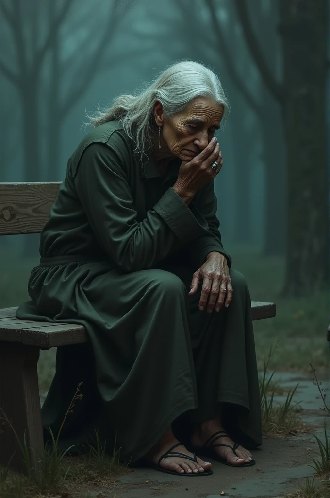 An old woman with tired eyes sits on an old bench crying 