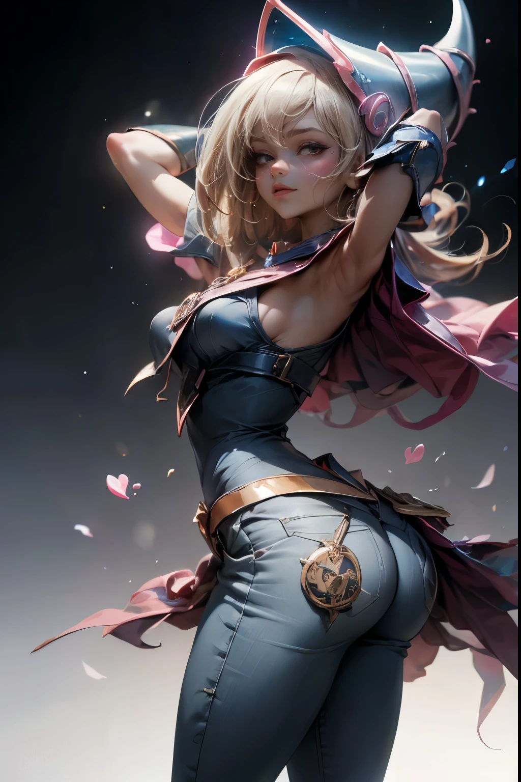(Obra maestra:1.2), (La mejor calidad:1.2), Perfect lighting, Chica Maga Oscura lanzando un hechizo, flotando en el aire, tetas grandes, escote, fondo de magia. Corazones transparente en el ambiente, Pose sujestiva y sensual. Hot. Fondo de magia