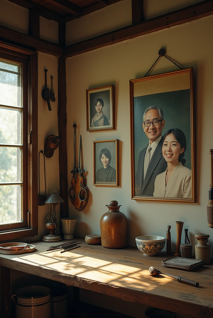 ((Japanese countryside))Taxidermy studio in、Old photos on the wall、The photo was of a smiling Japanese taxidermist and a young Japanese woman.、That&#39;s how it is々Various tools were hanging on the wall of the workshop.