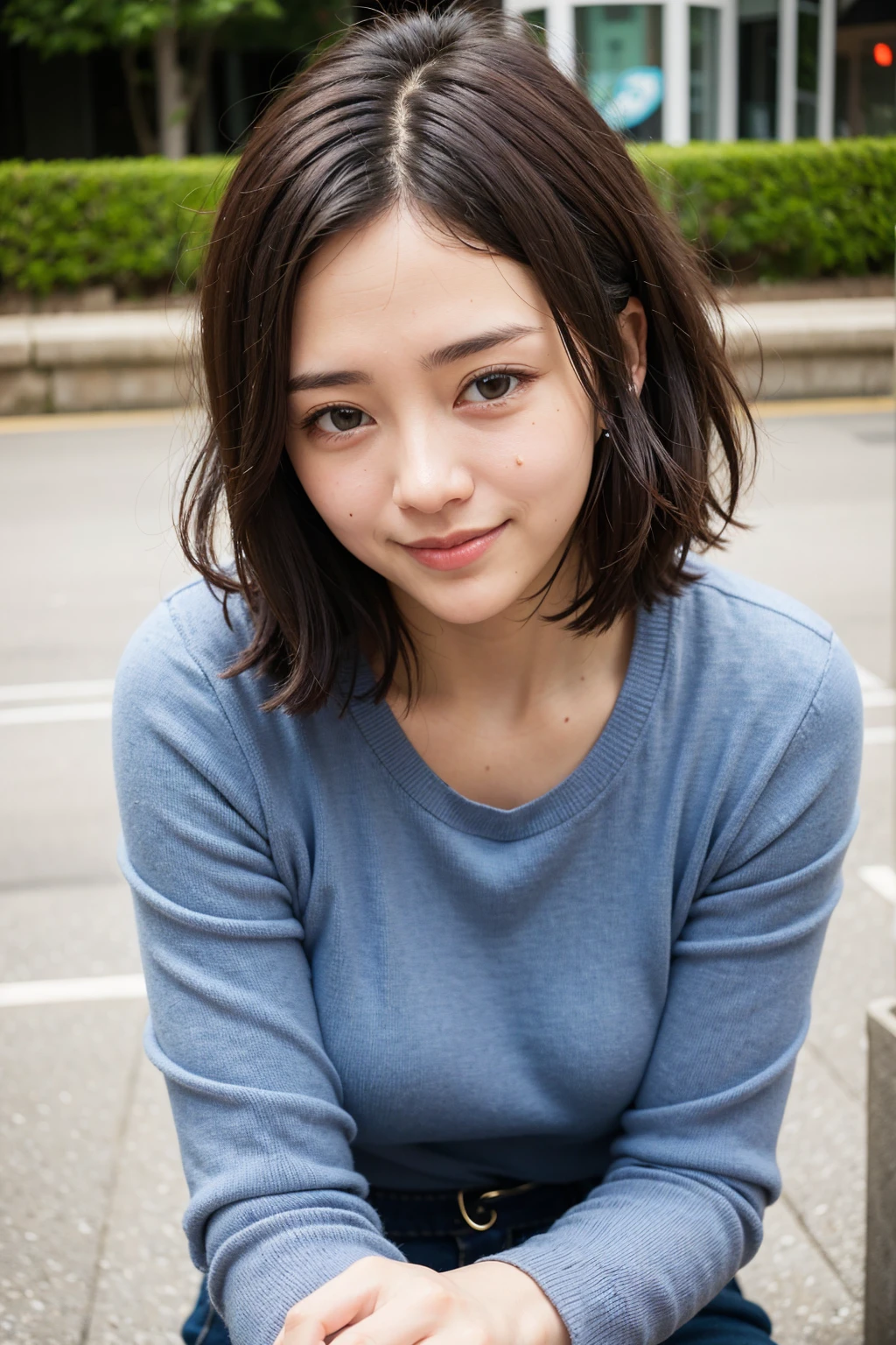 Top quality, 1 beautiful woman, very short curly hair and bright, wearing onepieace, shy-smile, at park, side