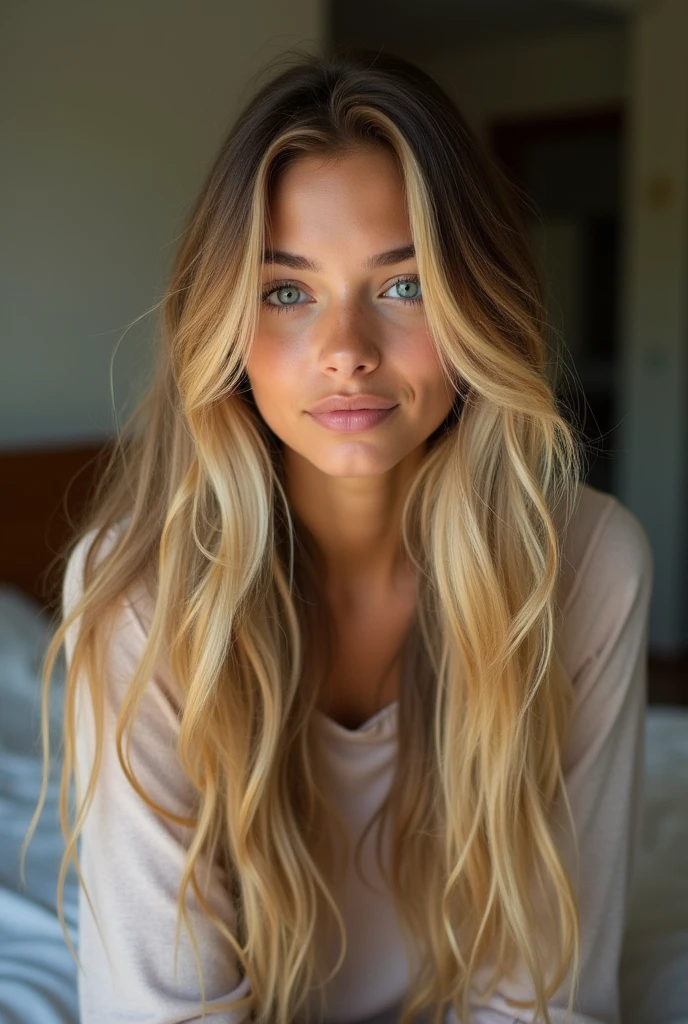 hyper realistic portrait of a young latina, 23 years old, with long flowing blond hair and striking blue eyes. She should have a natural, approachable expression and be lit by soft, golden light, canon eos r5, raw format, sitting on bed, girl next door