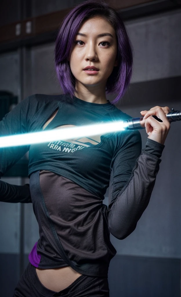 Natasha Liu Bordizzo as Sabine Wren, neckline, expressive eyes, focus on eyes, lightsaber, straight purple hair, NSFW, short black shorts, tight black t-shirt