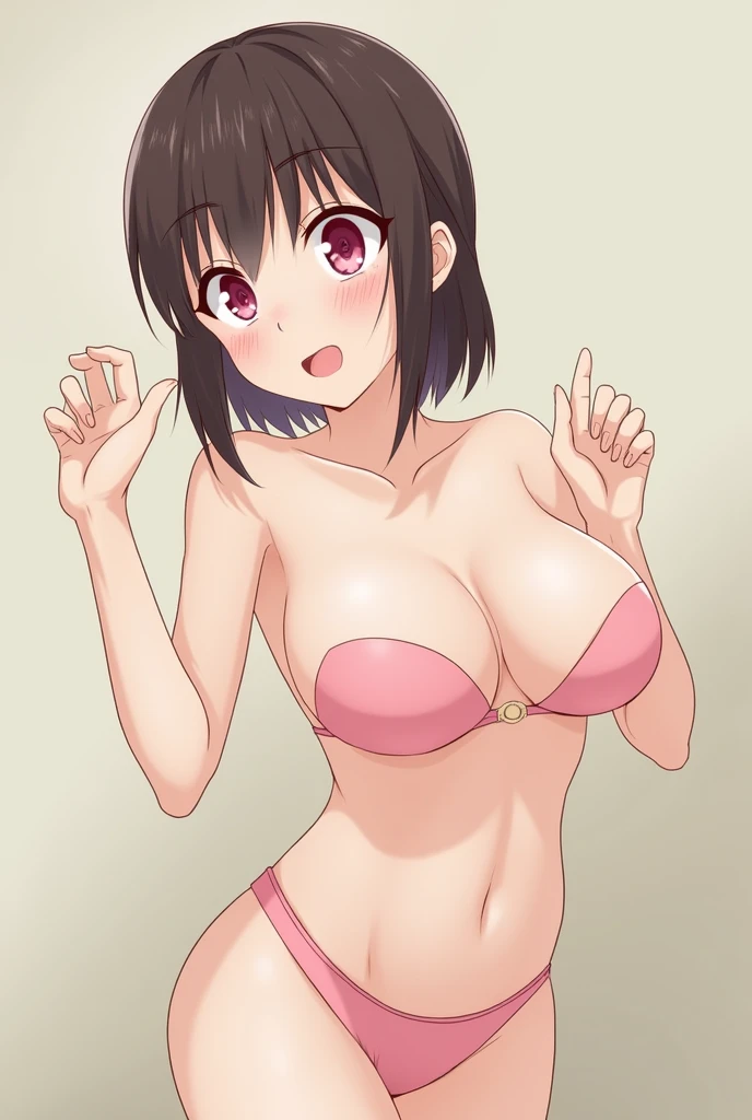 nsfw, shinkai makoto, Kimi No Na Wa., One girl,, bangs, Black Hair, blush, Brown eyes, Glowing Skin, Red headband, Red ribbon, Red Bow, Exposing shoulders, Black knee socks, short hair, smile, Small breasts, (Nipples are visible), Down blouse, Open your mouth, cute, alone, Happy, hair ornaments, Bunny ears, Playboy Bunny, Pink leotard, Detachable collar, Looking at the audience, Pink Background, Simple Background, Upper Body,  Fishnet tights, Uplifting, Dynamic Angles, Super energetic, Alluring