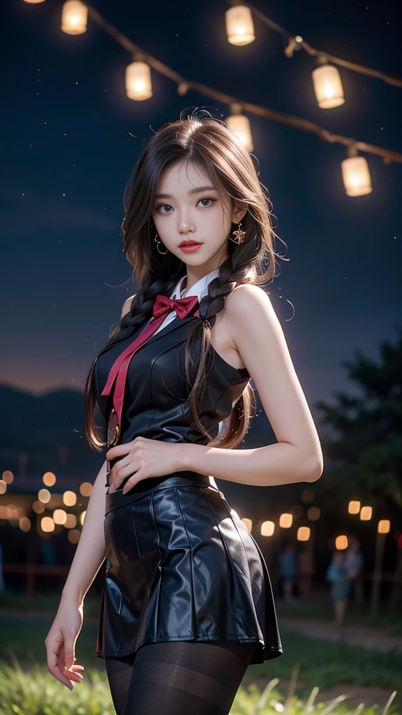 ulzzang-6500-v1.1, (RAW photo: 1.2), (Real photo), (Real photo: 1.4), 1 girl、Perfect anatomy、19 years old、Looking at the camera、Medium length hair、side braids, uniform short skirt, in a surreal royal garden, with many hanging lanterns, under the starry night sky, ((starry night: 1.1))、(Surreal tights: 1.2), (Business service)、Asian eyes Ella,