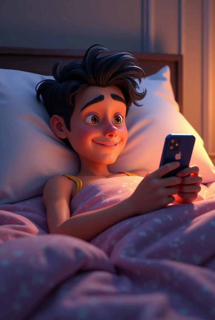 Make a Latino guy in his bed covered with a quilt looking at his phone in animated version