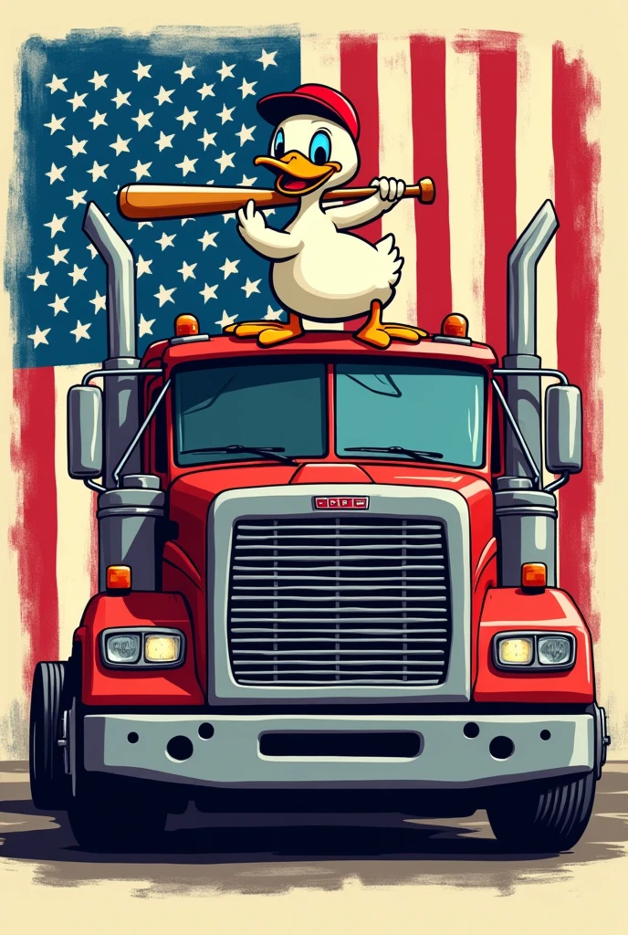 Create shirt with the USA flag in the background in a front make truck duck on truck with baseball bat duck without hat