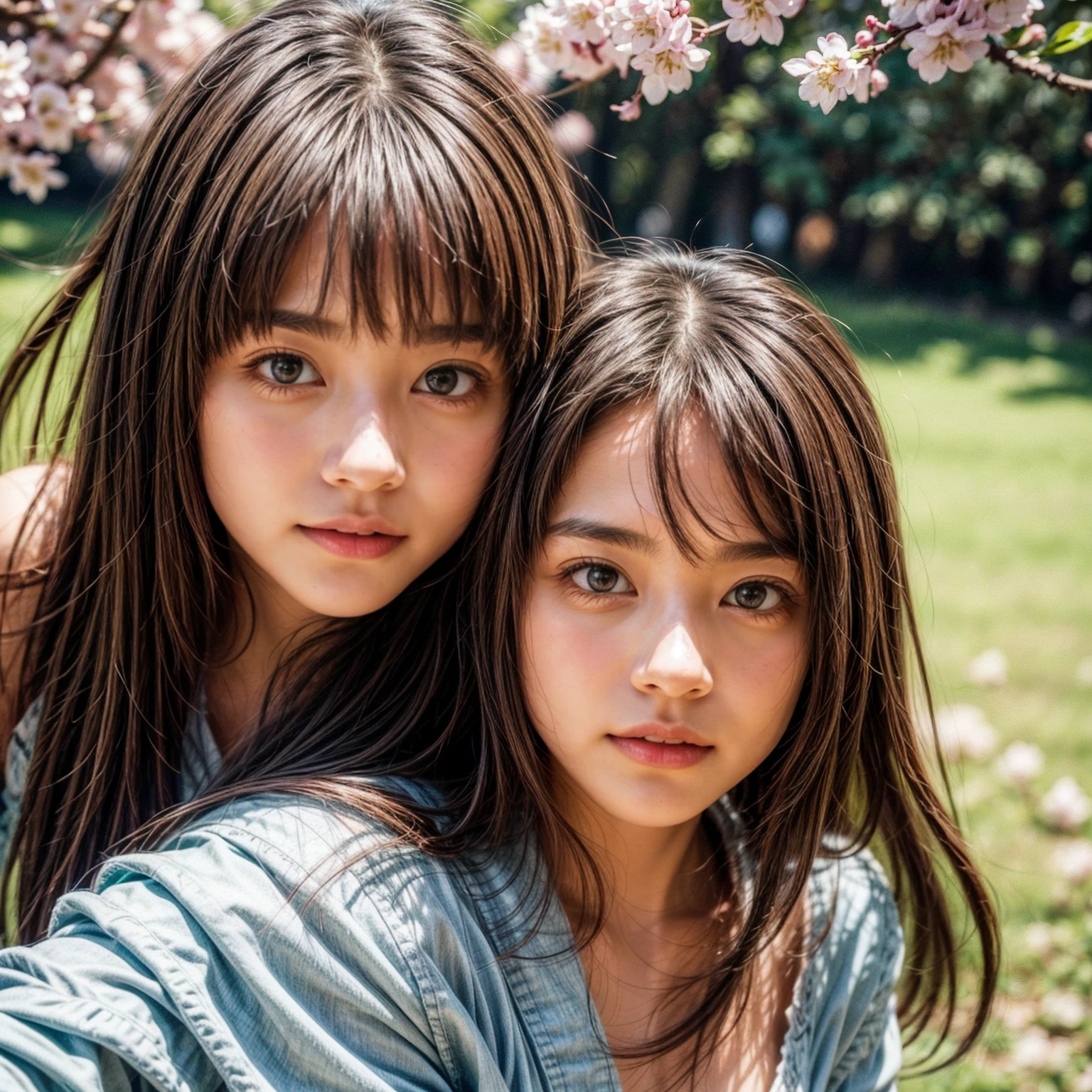 (Surrounding the camera、Panoramic group photo of female students looking down) . (Highest quality, High resolution, masterpiece, Realistic:1.2),(High resolution, Bright colors), Beautiful Face, Detailed facial features, take a picture, (close:1.3, View from below), Detailed Expression, Natural pose, Cherry blossom background with mist, Photon Mapping