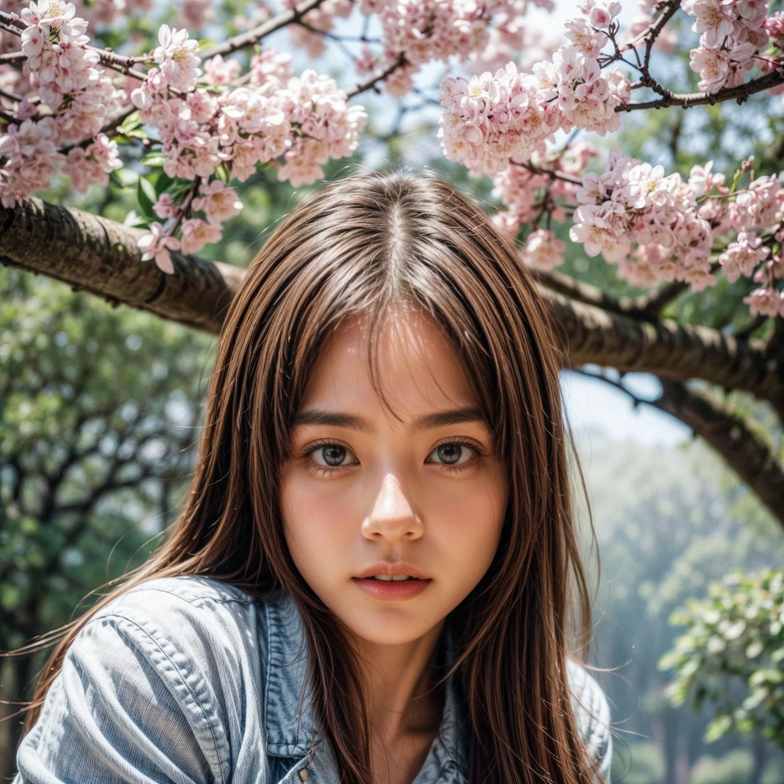 (Surrounding the camera、Panoramic group photo of female students looking down) . (Highest quality, High resolution, masterpiece, Realistic:1.2),(High resolution, Bright colors), Beautiful Face, Detailed facial features, take a picture, (close:1.3, View from below), Detailed Expression, Natural pose, Cherry blossom background with mist, Photon Mapping
