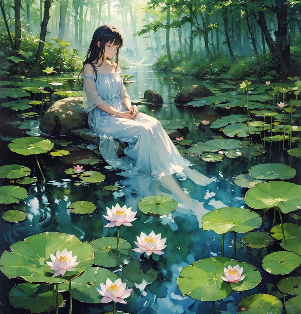 (masterpiece, Highest quality, Highest quality,watercolor (Moderate),Official Art, beautifully、aesthetic:1.2),One girl, Fairy, Misty Forest, Sitting, Underwater, waterfall, Deer horn, Lotus, avert your eyes, Blurred foreground, sunlight, Bokeh,