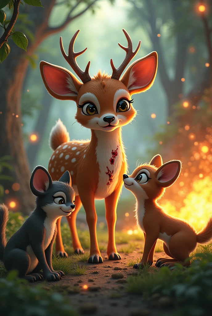 Pudu, wounded by Darwin, Güiña and Chingungo exploding in a forest, cheered up