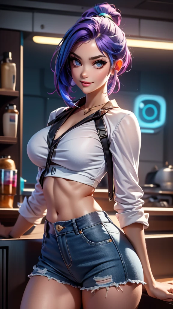 Image of Chloe Price costume in Overwatch - Character Creator Screen:

An intricately detailed, alluring portrait of Chloe Price, Donut Shop proprietor and protagonist from Life is Strange, as she adopts her Overwatch character. This breathtaking image, rendered in 8K high quality, is reminiscent of a stunningly realistic photo, showcasing Chloe's youthful visage, with her distinct strikingly blue eyes and a hint of her signature mischievous smile.

Positioned in the Overwatch character creator screen, the design of her costume is faithful to her original appearance - a long-sleeved purple top, distressed denim shorts