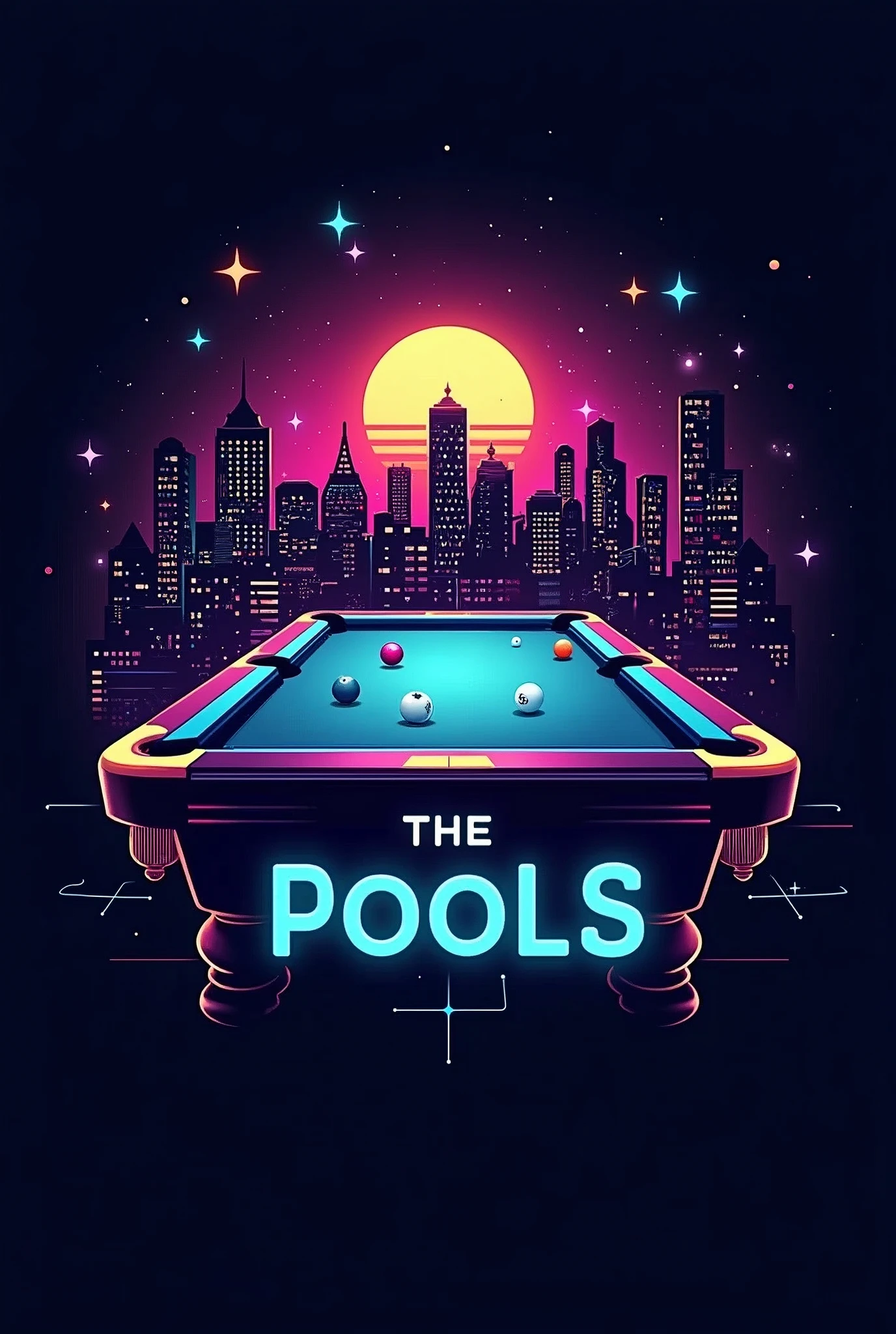 Make me a logo with an electronic theme of a group called Los "THE POOLS" with the background being electronics and billiards