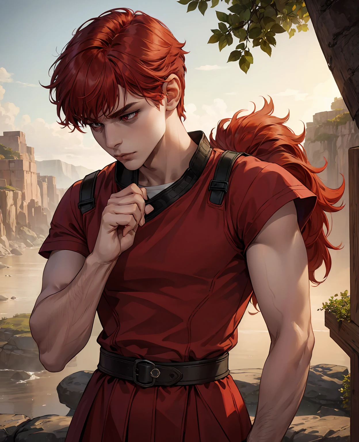 A young man with vibrant red hair and striking red eyes, wearing simple yet practical villager's clothes, (best quality,4k,8k,highres,masterpiece:1.2),ultra-detailed,(realistic,photorealistic,photo-realistic:1.37),highly detailed face, intricate clothing folds, cinematic lighting, natural outdoor setting, warm color tones, soft focus, detailed texture, cinematic composition