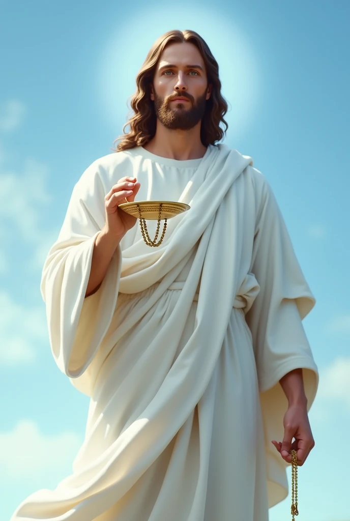 Jesus looking at me with a white robe holding a rosary in his right hand and in the other hand a blank plate and in the background of him is a blue sky 