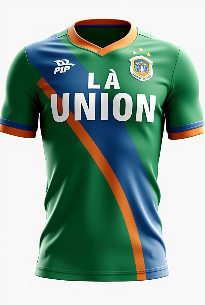 Create an image of a football team's jersey, with the name 'La Union'. Use the colors green, white, blue, and orange.
