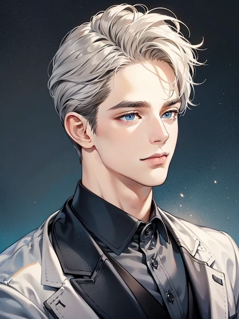 masterpiece, Best quality, realistic, 1 person, mature man, a quiet and charming young man, 41 years old, serious look, closed mouth, portrait, very detailed face, cold smile, ((dark gray blue eyes)), ((Short, dark white hair combed to the right)), [thick eyebrows], ((suit)), Beautiful, whole body, western, Jewish, light brown skin,