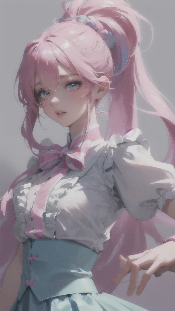 A cute anime girl with pink ponytail hair, wearing a white frilly shirt and a light blue checkered skirt, detailed face, beautiful eyes, luscious lips, hyper realistic, 8k, masterpiece, vibrant colors, soft lighting, serene atmosphere, fantasy style
