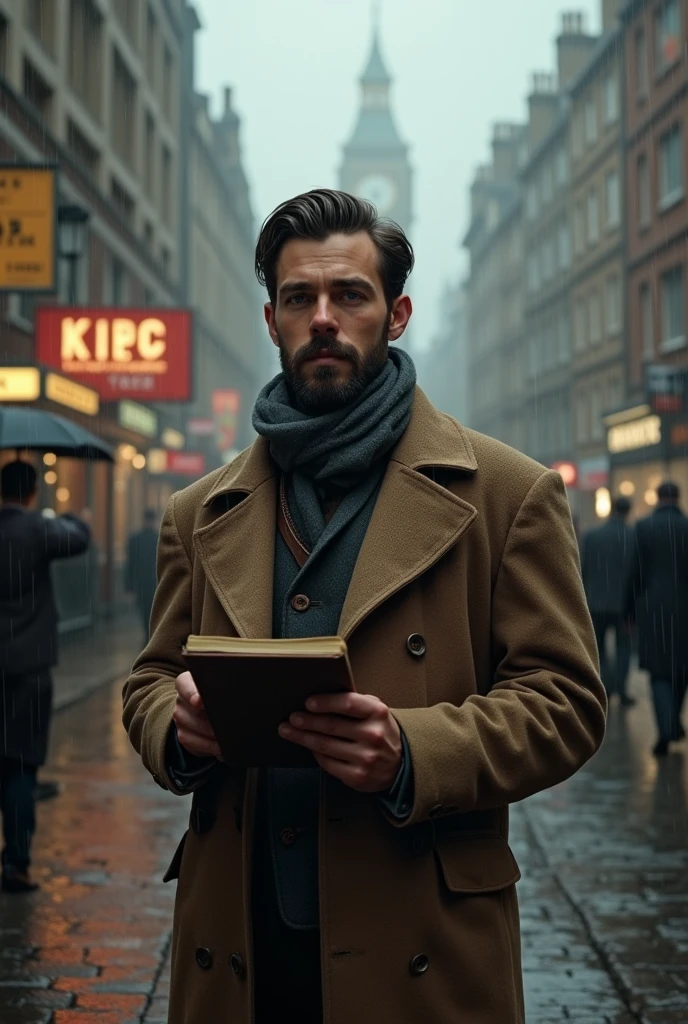 A 20-year-old adult man with a beard, he is an amateur reporter, wearing an overcoat and is on the streets of London during the rain in 1930. 