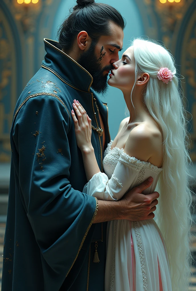 A strong criminal, one-eyed, with torn blue and black clothes, scratches on her body with an albino princess, yellow eyes with a white dress with pink of much money, with his daughter kissing