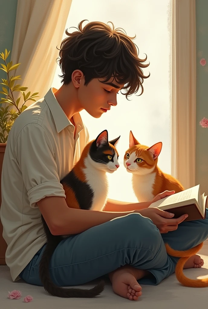 A young man with dark skin sitting next to his tricolor cat: orange, white and brown, while they read something together, impressionalism