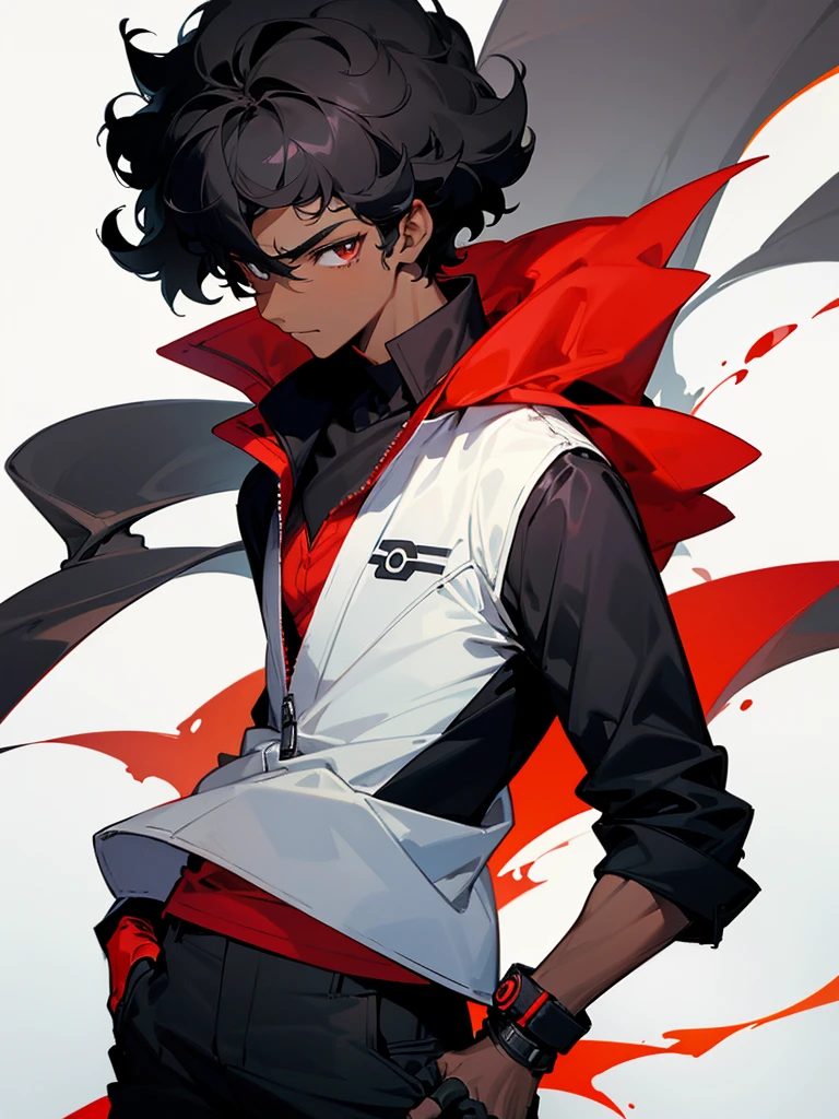 Image of a dark-skinned boy with curly black hair wearing a red shirt and a black jacket with white details on top and wearing black fingerless gloves, with design based on the style of a pokemon trainer.