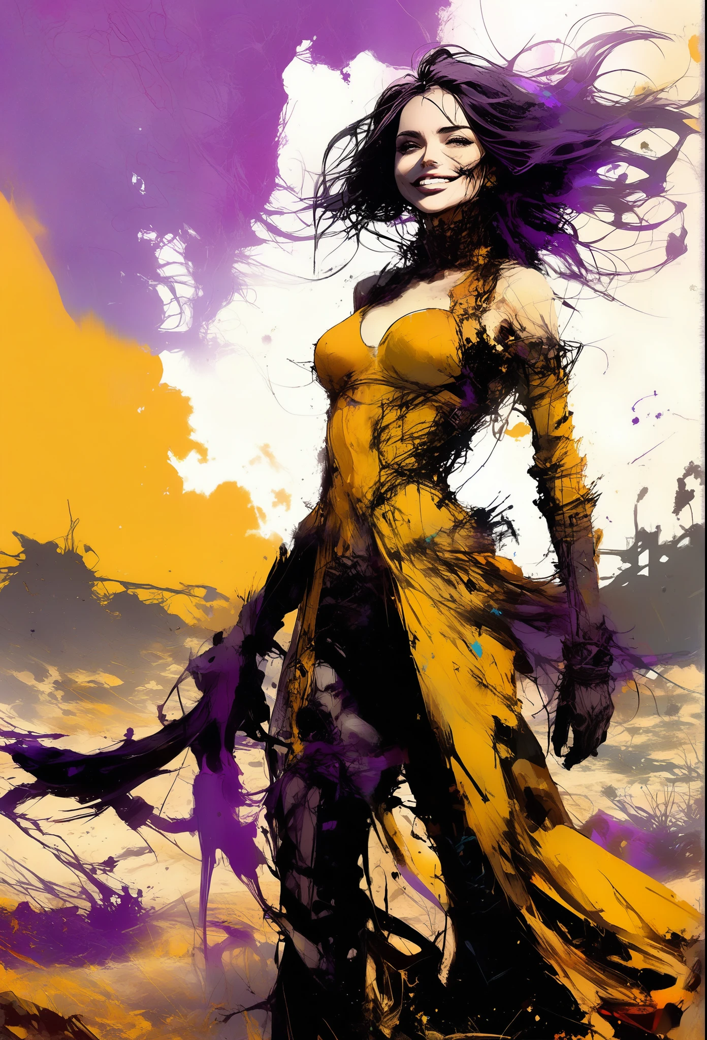 ((create an image that is allowed to be published that does not raise awareness:1.7)), Pay attention to the eyes, dark and torn, ((only 1 dark and malevolent woman from the underworld evil smile, squinted eyes:1.3)), body-hugging leather clothing,beautiful muscular body, fierce expression, holding a gun, (colors in your clothes, warm, orange, yellow, violet: 1.3), standing in a desolate field, iluminACión dramática, intense shadows, sandy texture , high contrast, vibrant colors, dynamic pose, powerful posture, rough background, explosive atmosphere, dystopian theme, surreal elements, ilustrACión pintada digitalmente, high definition resolution, intricate details, dramatic composition, avant-garde and chaotic brushstrokes, Gothic style, intense emotions, Scale epic, sensACión cruda y arenosa, Captivating and provocative works of art...AC_neg1