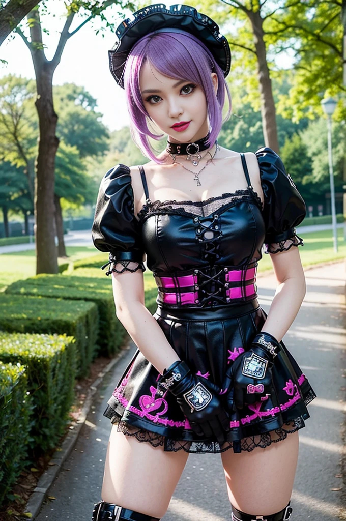 sexy stylish female model, only 1 female, ((doll-like appearance)), short purple stylish hair, ((shiny Punk-Style boots)), (big smile), ultra detailed eyes, Punk makeup, lip-gloss, ((sexy Punk ta cosplay)), unconventional skirt, petticoats, high neckline, ((ultra detailed lace)), ((ultra detailed embroidery)), intricate details, tartan patterns, safety pins, Punk Loliccessoires, short black gloves, Punk Lolita cr, ((large sparkling Punk Lolita jewel, cinematic light, detailed large park background with trees