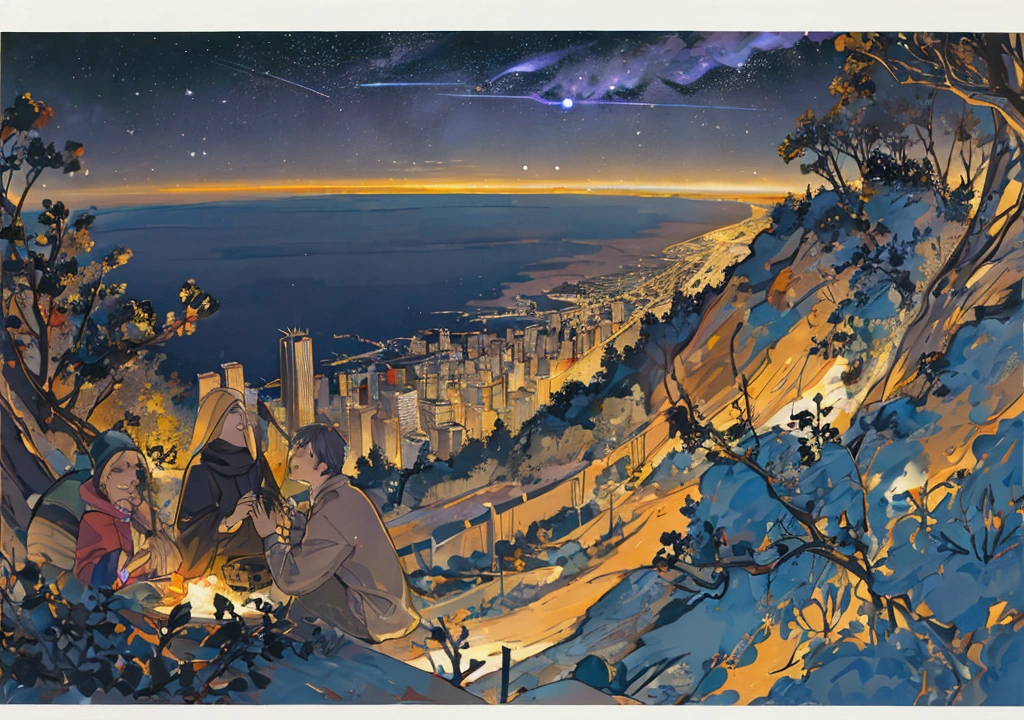 Meteor shower and night city