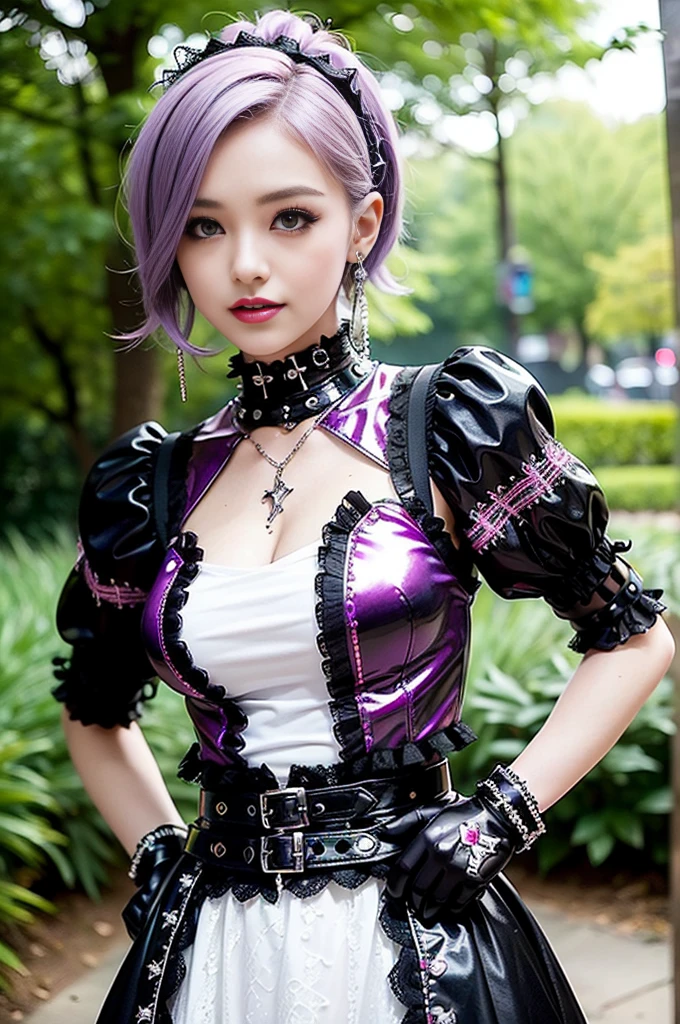 sexy stylish female model, only 1 female, ((doll-like appearance)), short purple stylish hair, ((shiny Punk-Style boots)), (big smile), ultra detailed eyes, Punk makeup, lip-gloss, ((sexy Punk ta cosplay)), unconventional skirt, petticoats, high neckline, ((ultra detailed lace)), ((ultra detailed embroidery)), intricate details, tartan patterns, safety pins, Punk Loliccessoires, short black gloves, Punk Lolita cr, ((large sparkling Punk Lolita jewel, cinematic light, detailed large park background with trees