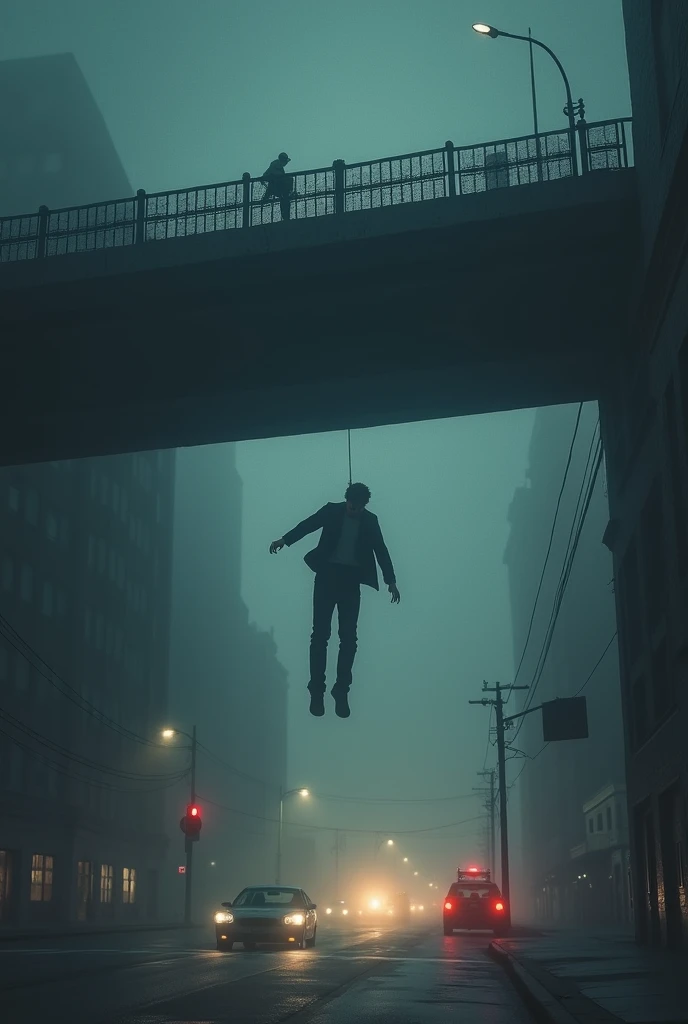 Create a book cover: Fred, with a sad and gloomy appearance, falling crying from a bridge onto a street full of cars in the fog young man crying and wanting to kill himself