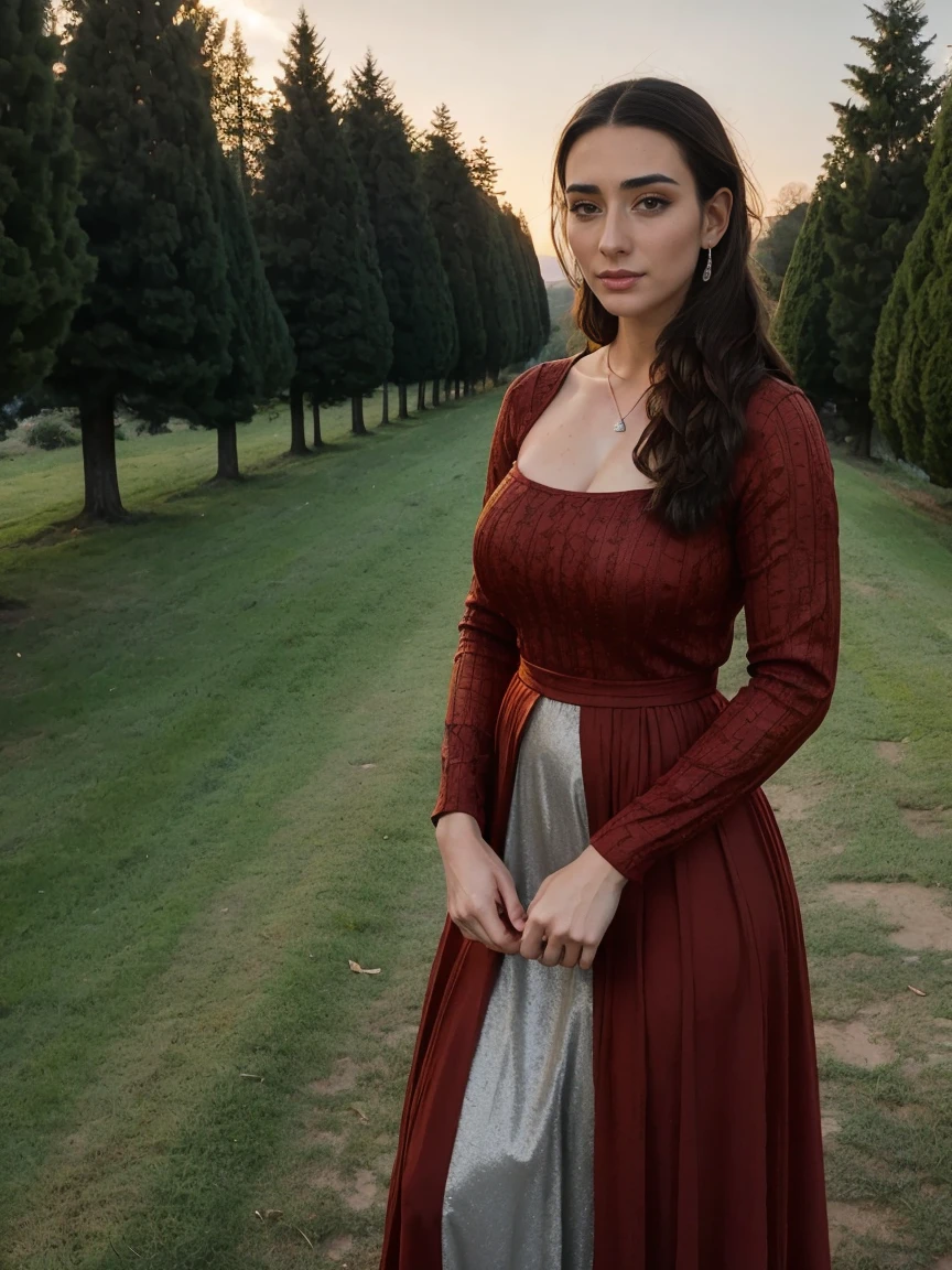 Gorgeous and sultry busty athletic (thin) brunette queen with sharp facial features wearing a modest updo, dark red medieval dress, long sleeves, intricate patterns, embroidery, wide neck, crown, veil, long dress, modest dress, tight bodice, (silver waist chain), medieval jewelry, Middle Ages, castle, rampart, wall, exterior, on top of a castle wall, trees, countryside, evening, sunset.