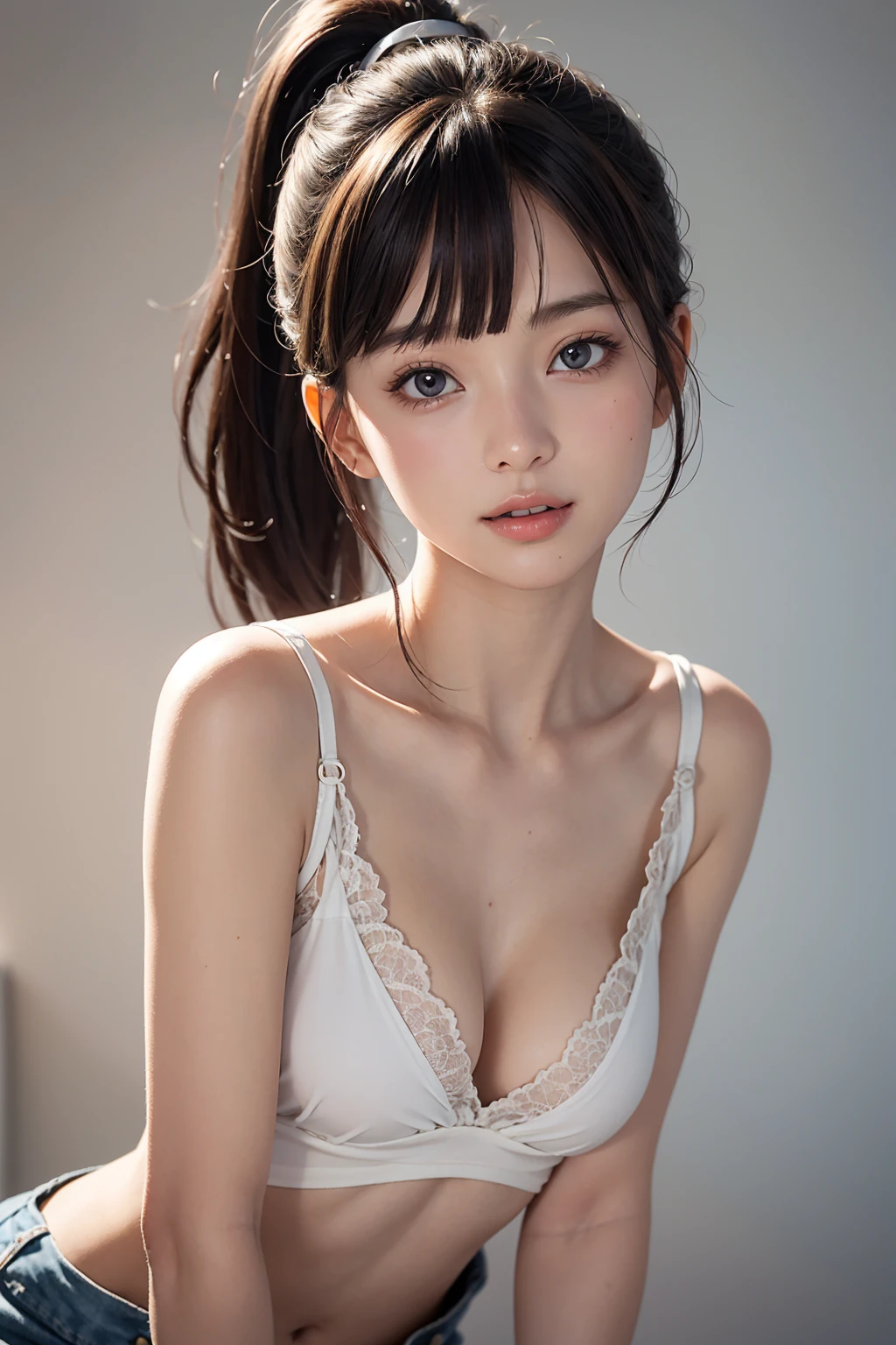 1girl, (16years old), solo, (tiny body:1.2), medium breasts, slim legs, from front, leaning forward, face focus, looking at viewer, ((masterpiece)), ((extremely detailed face)), best-quality, hyperrealistic, high-resolution, intricate detail,(beautiful detailed eyes and lips), (best-shadow an extremely delicate and beautiful), beautiful white skin, perfect anatomy, smile, open mouth, ponytail hair, blunt bangs, good ray, cowboy shot
