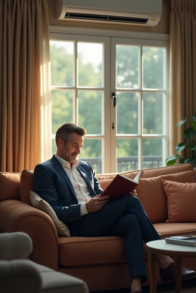 Generate me an image of a person sitting on a sofa enjoying his book, while enjoying the freshness of your air conditioning